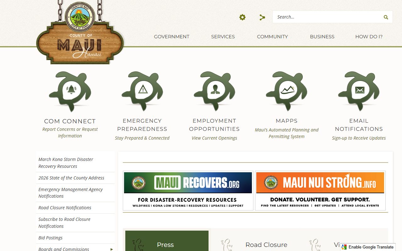 Kahului Maui County Services home page with Kahului Phone Directory for county records
