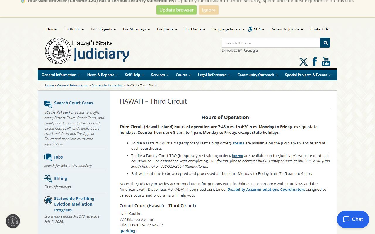 Third Circuit Court Hawaii page with Hawaii County court phone directory