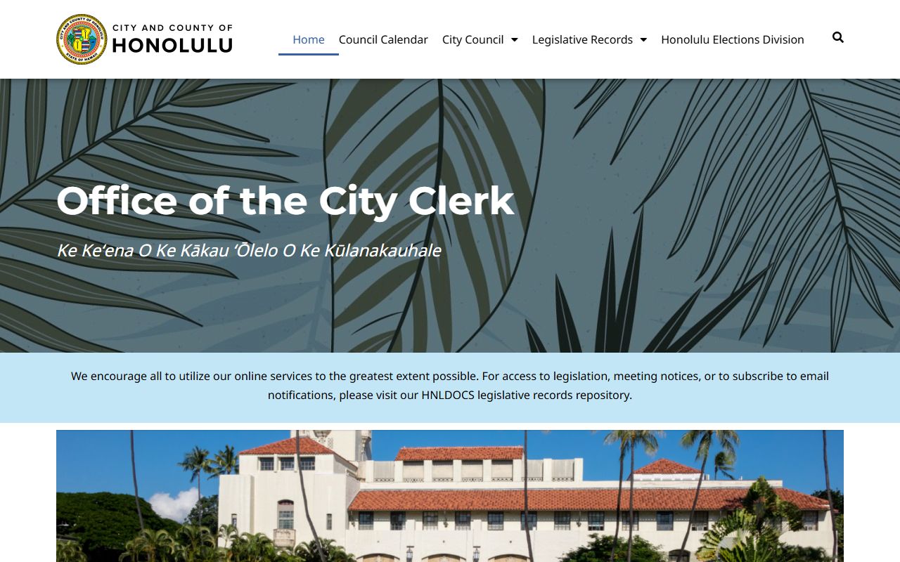 City and County of Honolulu Clerk page with Honolulu County phone directory