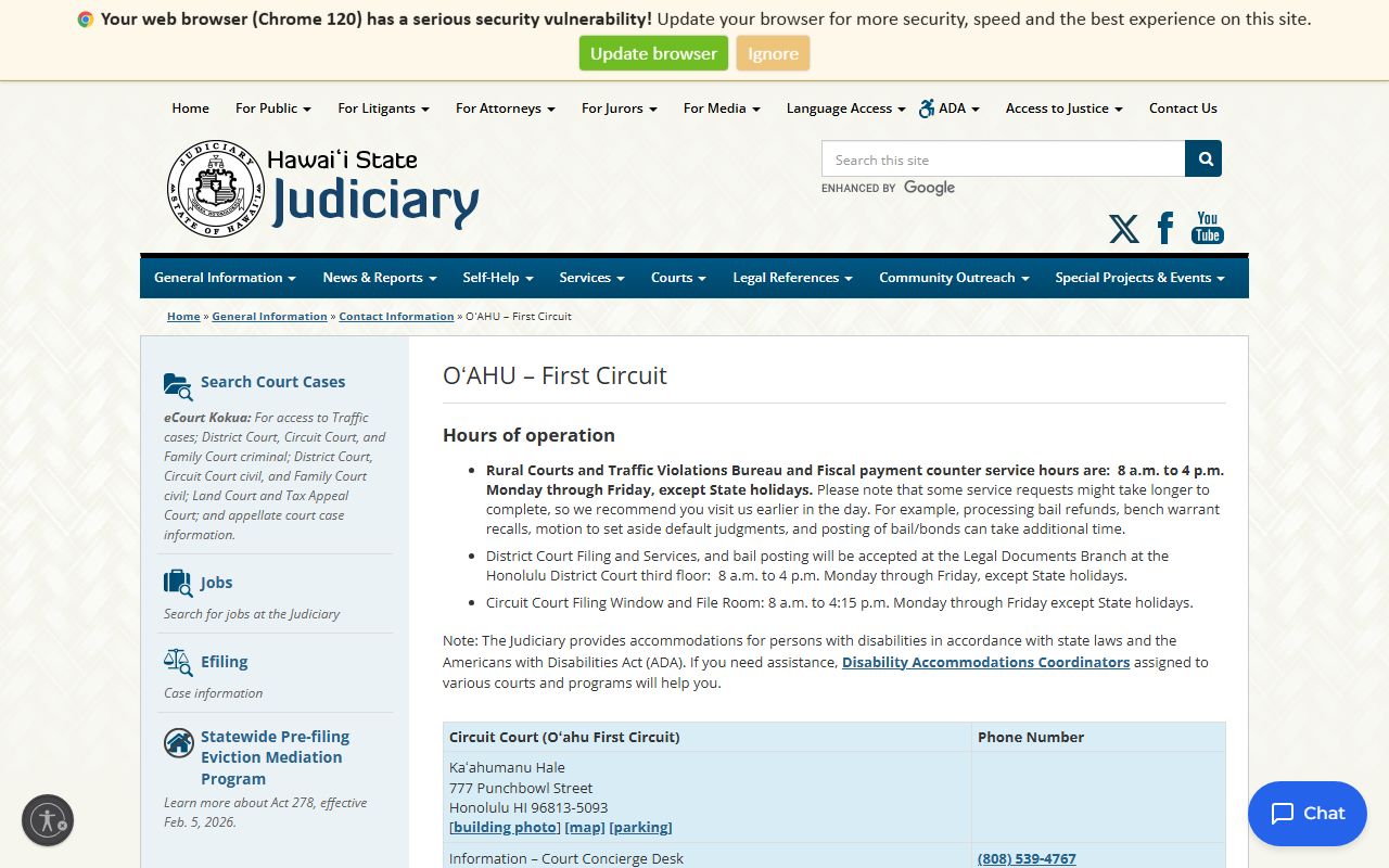 First Circuit Court Oahu page with Honolulu County court phone directory