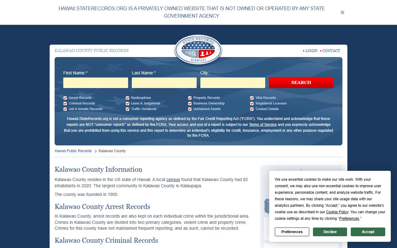 Kalawao County records overview with Hawaii Phone Directory