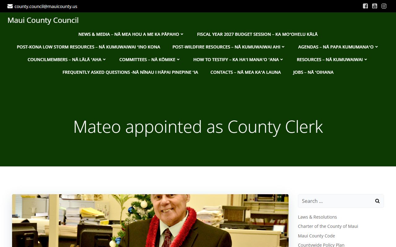 Maui County Clerk page covering Kalawao County phone directory