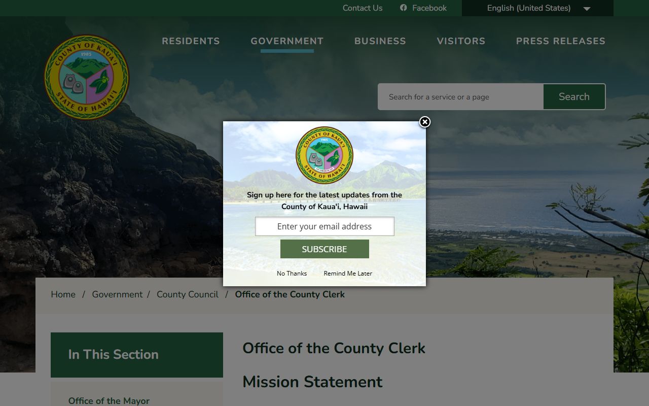 Kauai County Clerk page with Kauai County phone directory