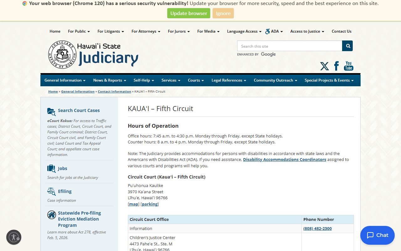 Fifth Circuit Court Kauai page with Kauai County phone directory
