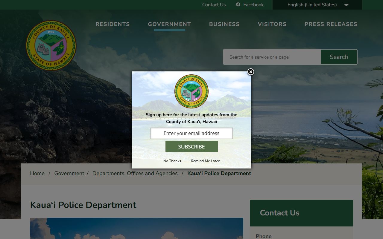Kauai Police Department page and Kauai County phone directory