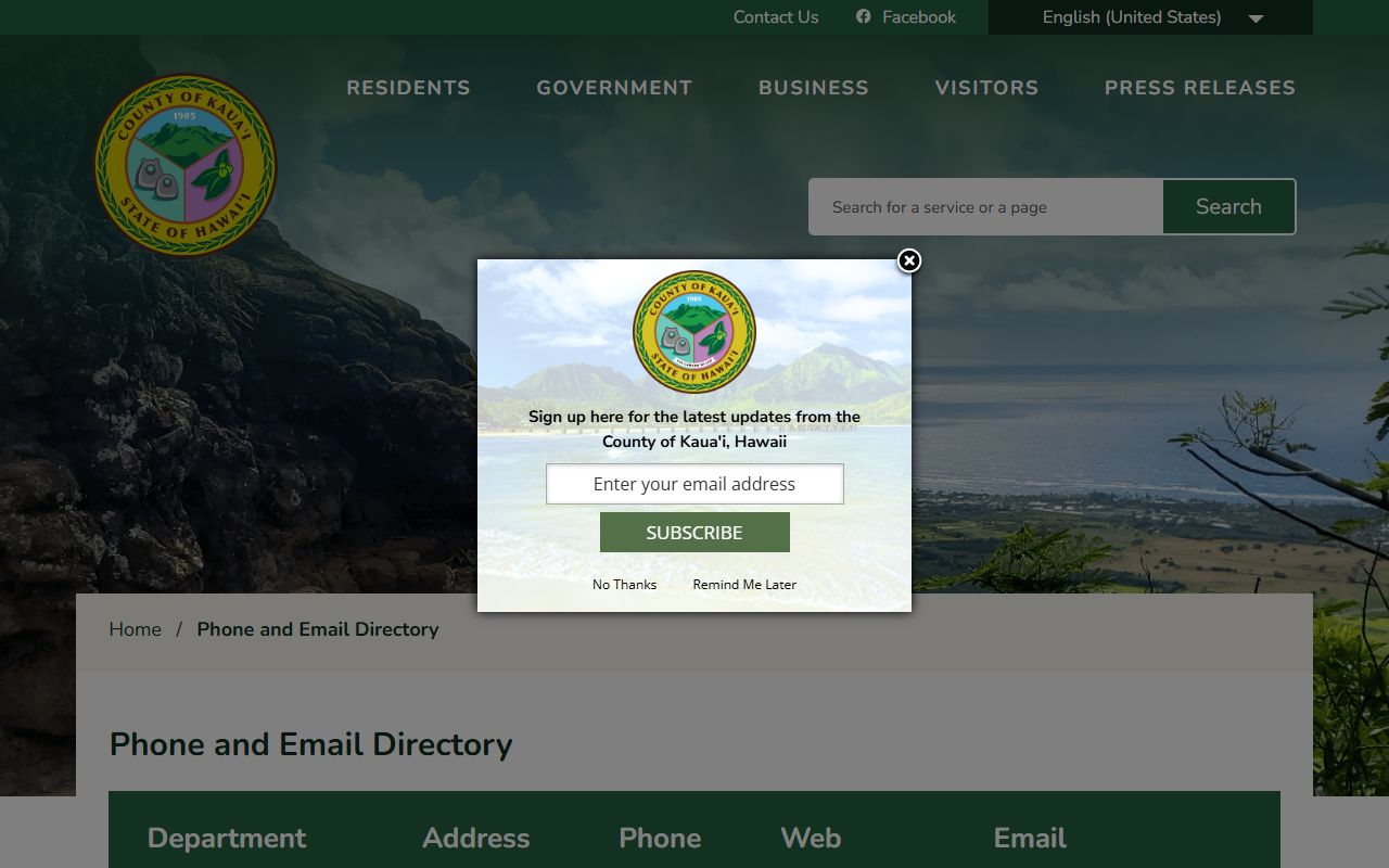 Kauai County Phone and Email Directory page with Kauai County phone directory