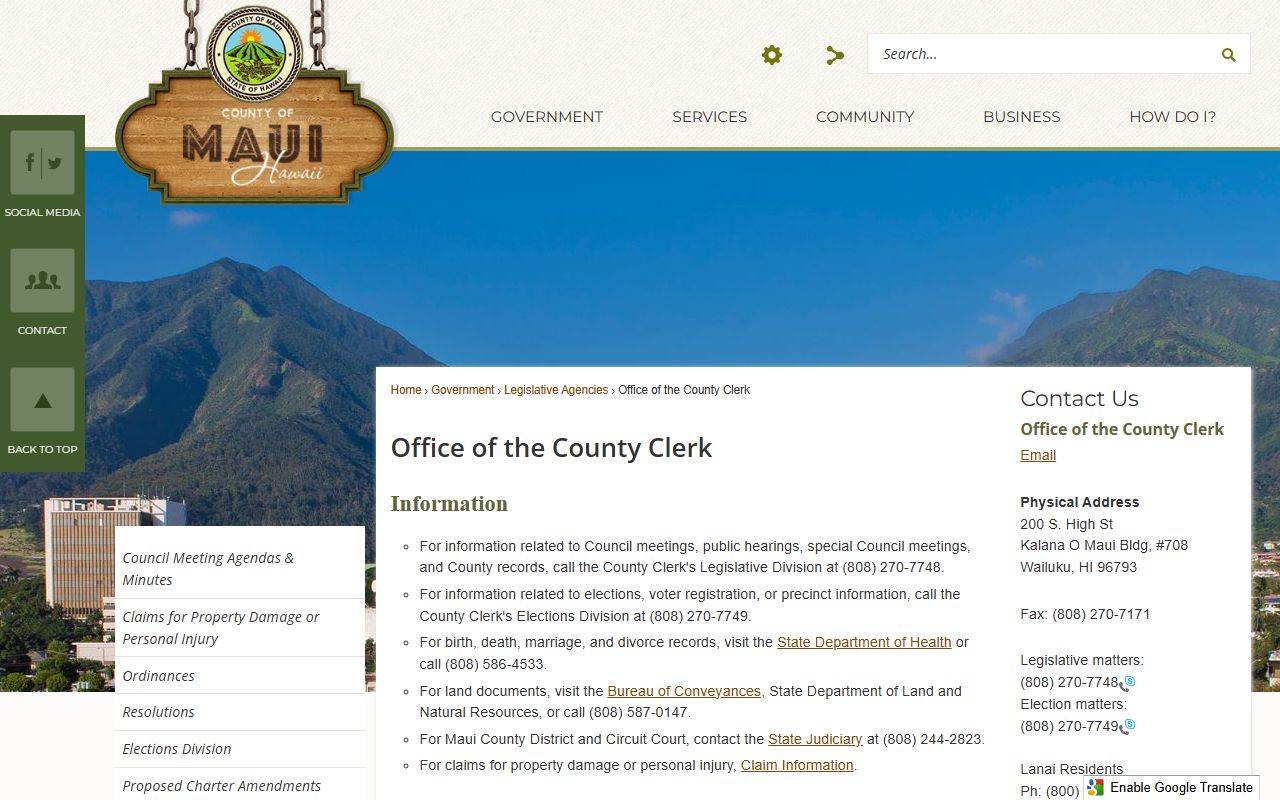 Maui County Clerk page and Maui County phone directory