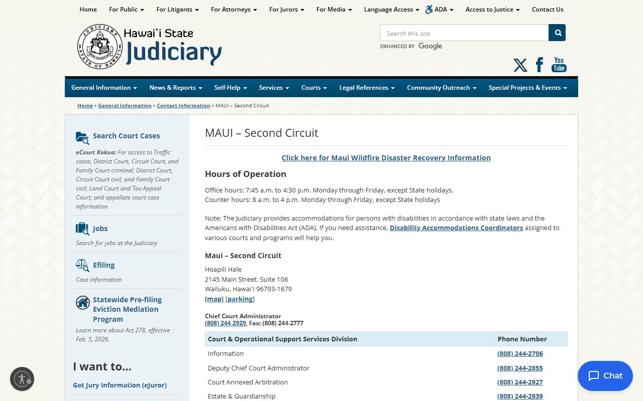 Second Circuit Court Maui page with Maui County court phone directory