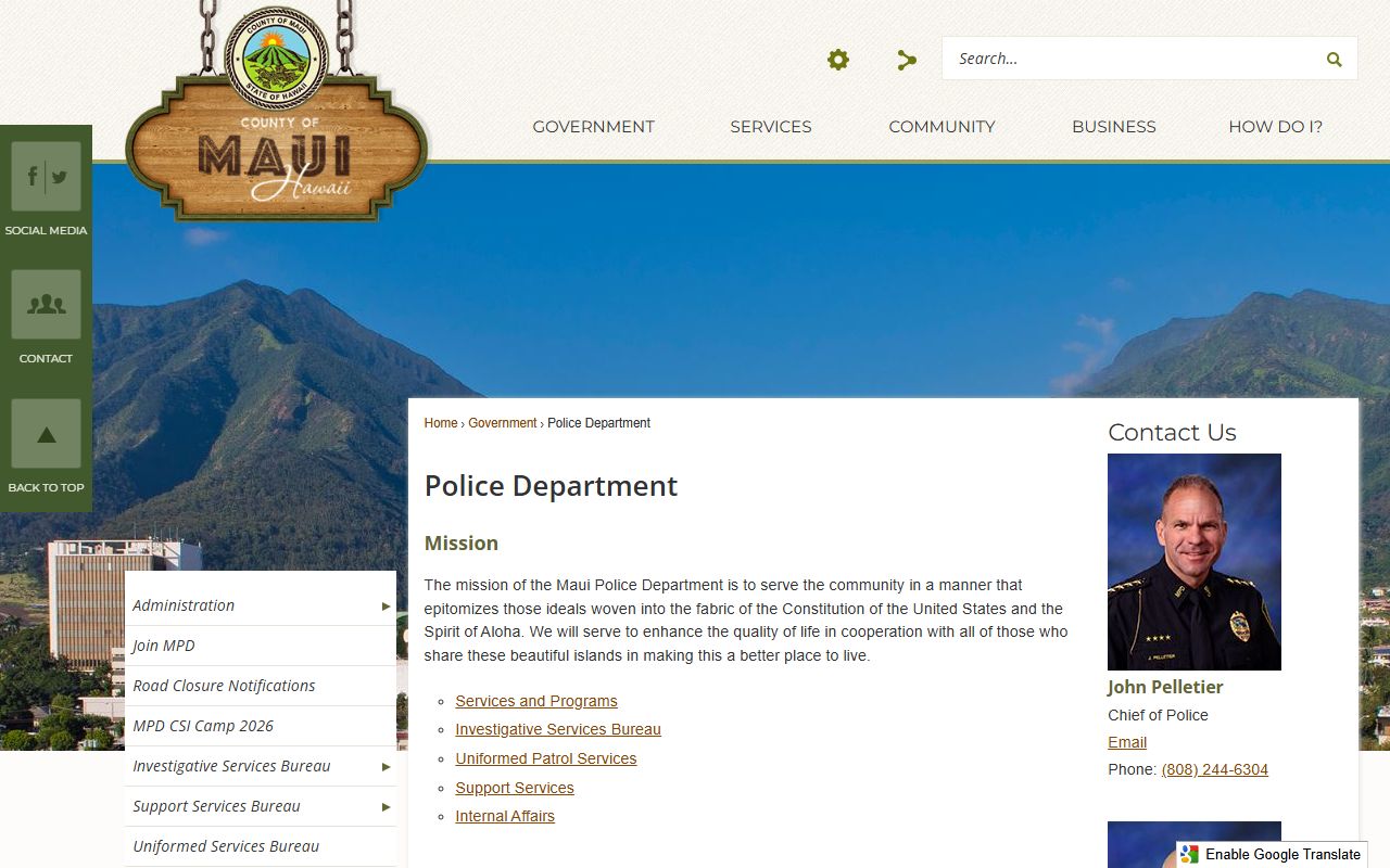 Maui County Police Department page with Maui County phone directory