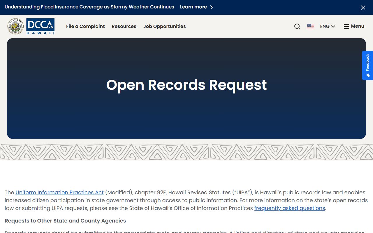 Hawaii DCCA open records request page with phone directory contact