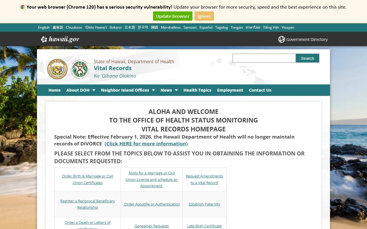 Hawaii Department of Health Vital Records page with phone directory