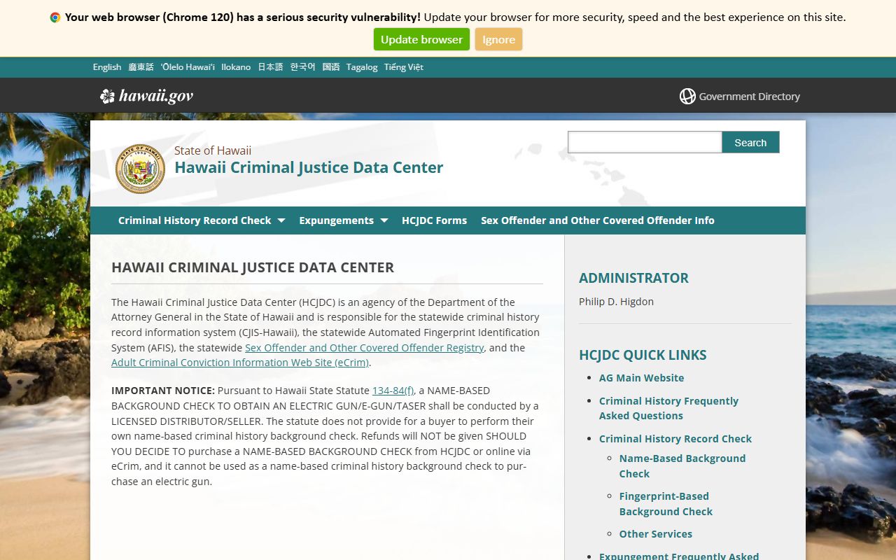 Hawaii Criminal Justice Data Center page with phone directory