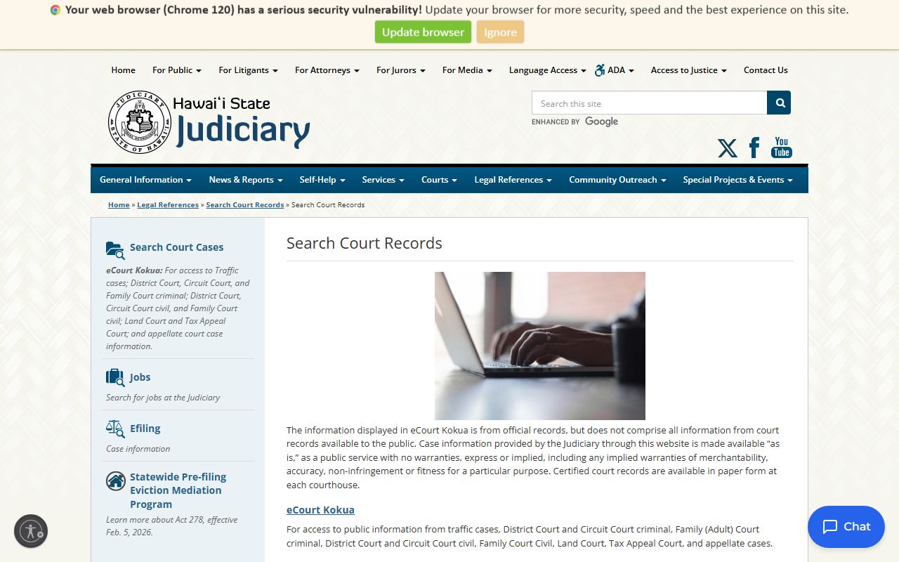 Hawaii Judiciary court records search page with phone directory