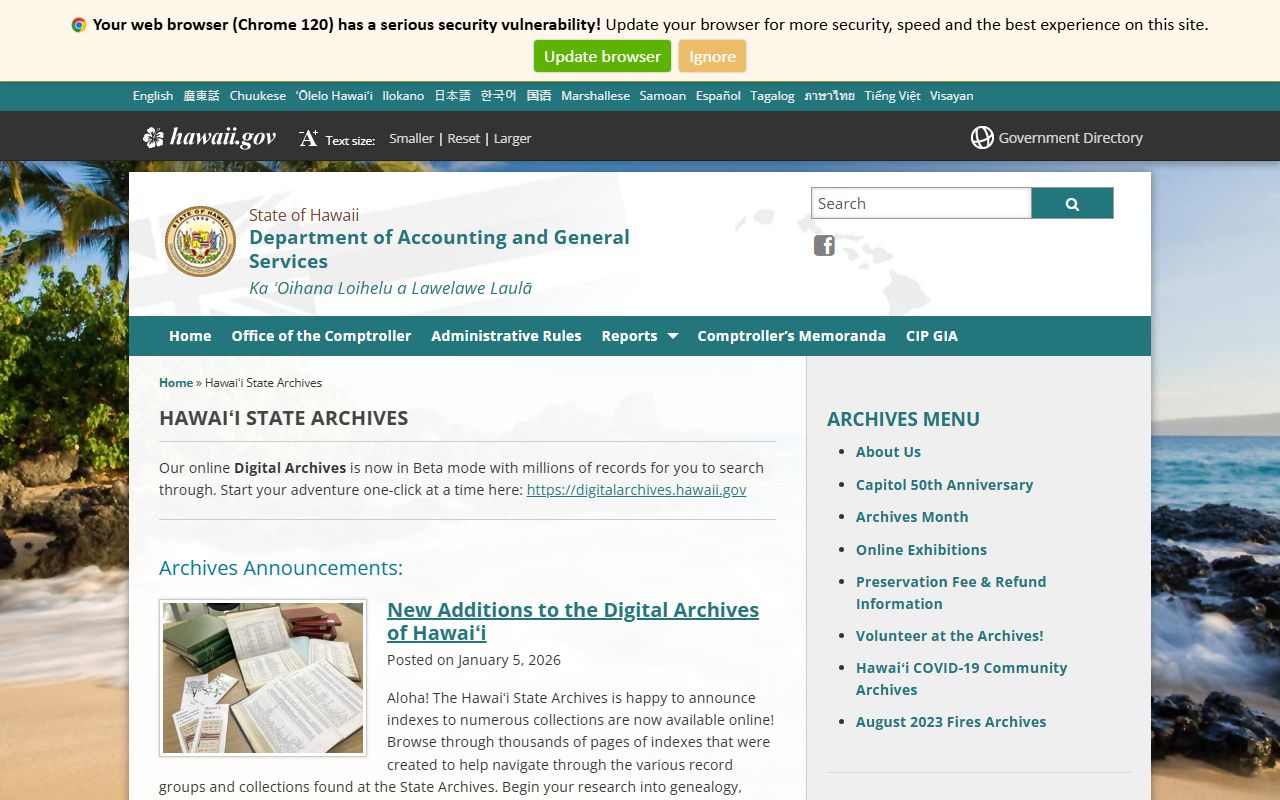 Hawaii State Archives homepage with Hawaii phone directory entries